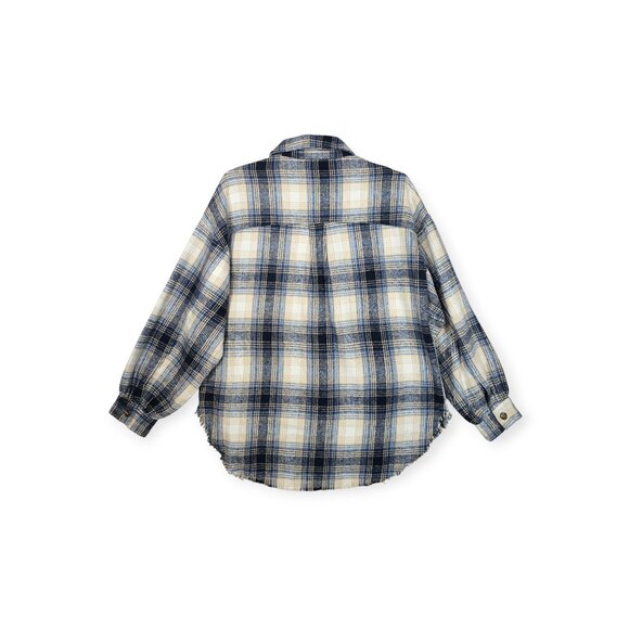 White Birch Plaid Button Down Shacket Women's Small Blue Tan Fuzzy Knit - Picture 9 of 9